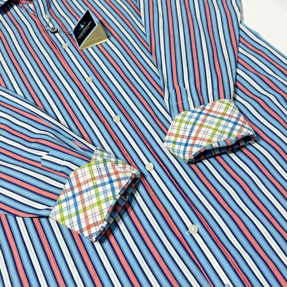 NWT $99 Tailor Byrd LS Button Down Shirt Blue Pink Stripe Flip Cuff Men’s Size L - Picture 4 of 11